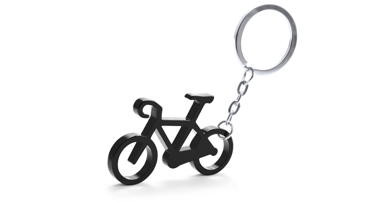 Portachiavi in alluminio a forma di bicicletta con funzione apribottiglie su sfondo bianco.