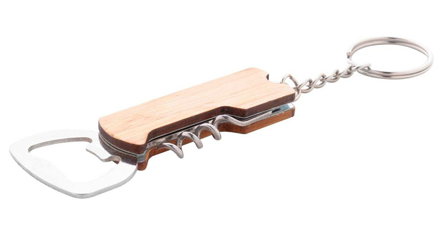 Portachiavi apribottiglie in bambù e acciaio con coltellino su sfondo bianco, ideale per l’inaugurazione di nuovi negozi.