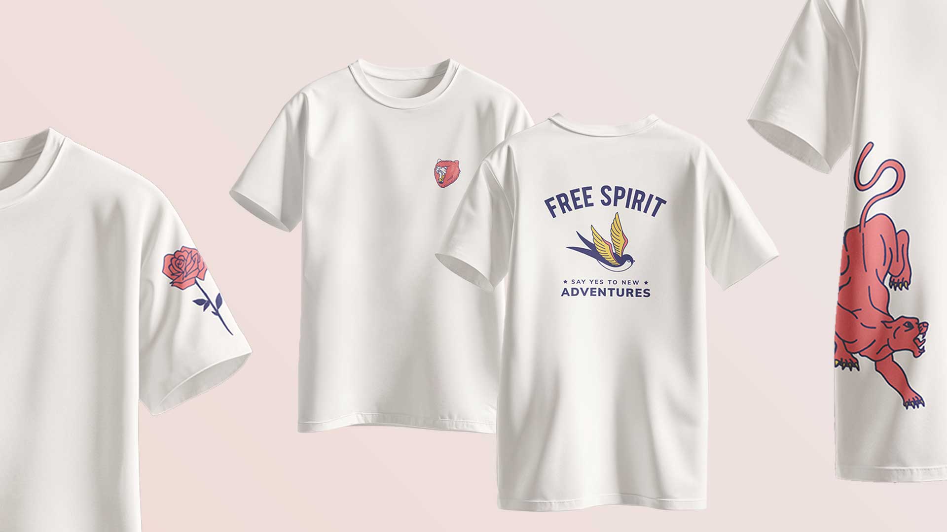 Composizione di t-shirt personalizzate con stampe su fronte, retro, manica e fianco.