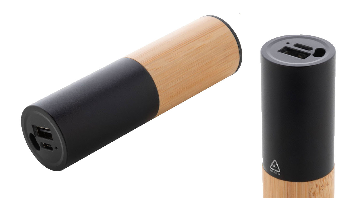 Power bank cilindrica composta da una metà in bambù e una metà in acciaio riciclato, gadet tecnologico ideale per l’inaugurazione di nuovi negozi.