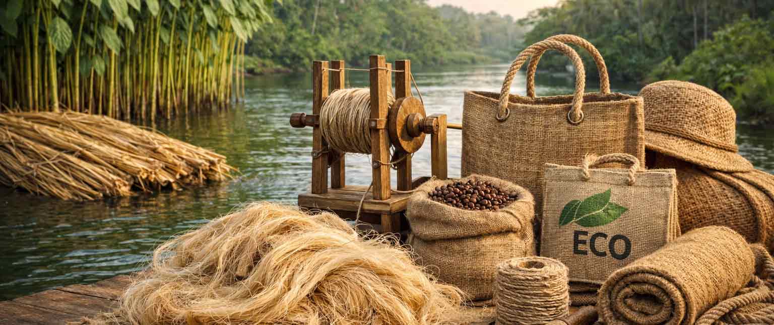 Produzione della juta lungo un fiume tropicale con fibre naturali, tessuti in juta e sacchi ecologici, simbolo di sostenibilit&agrave;, sicurezza e tradizione