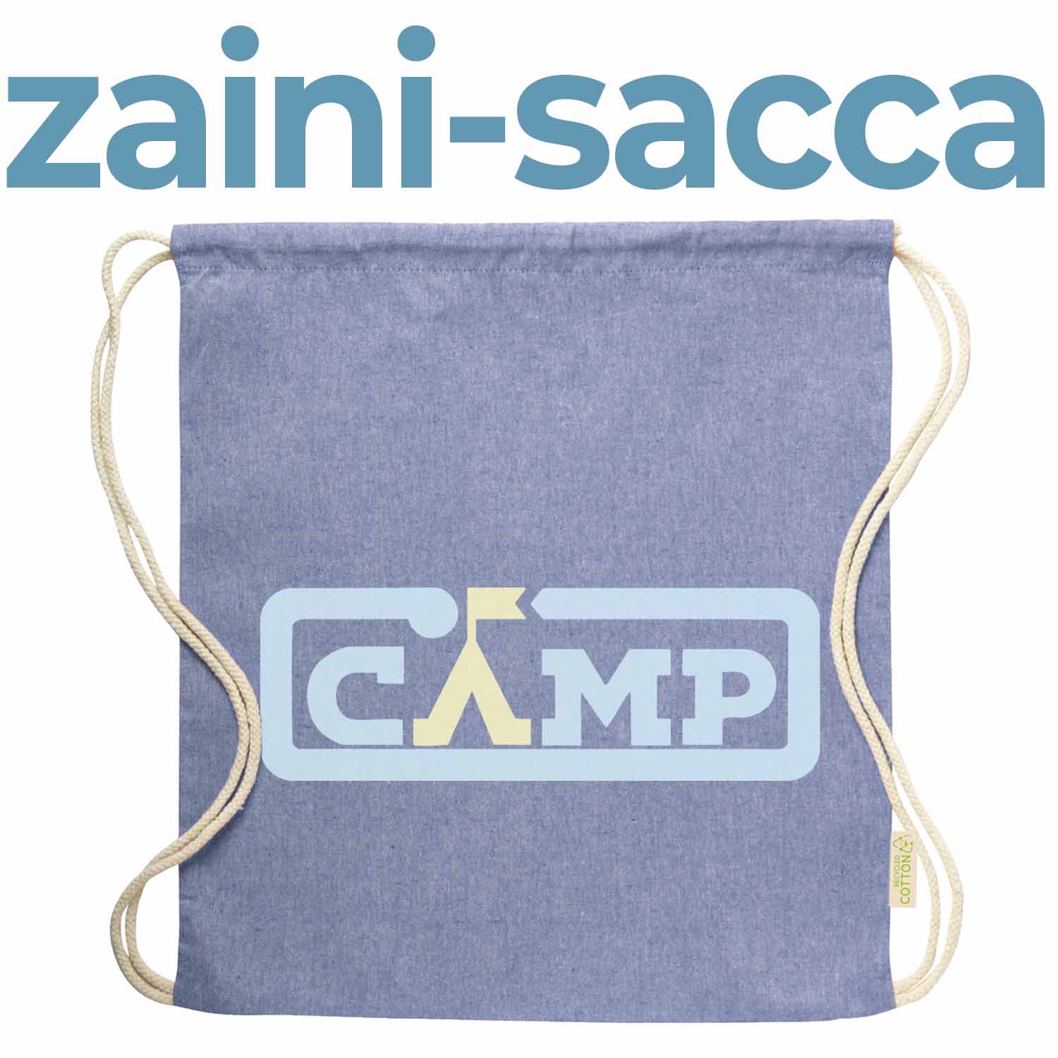 Sacca a strozzo azzurra con logo colori pastello. Background bianco e testo grafico in azzurro chiaro