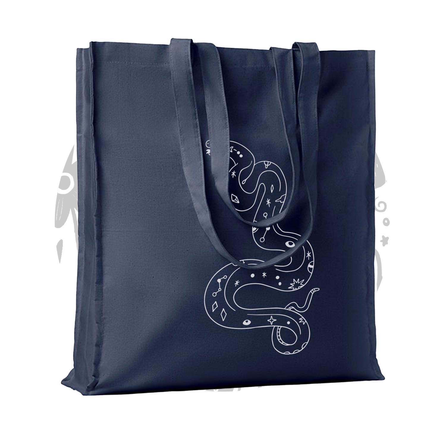 Tote bag blu con soffietto e logo bianco stampato al centro frontale. Background bianco con un pattern circolare al centro.