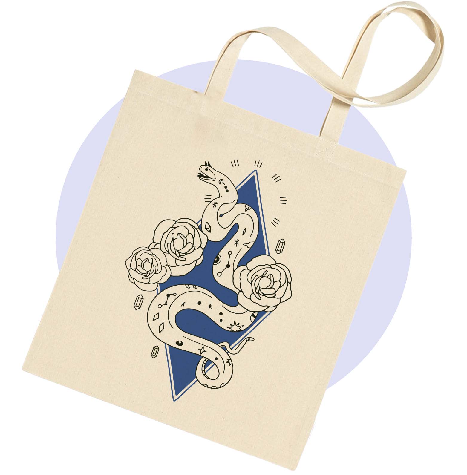 Shopper ecologica con grande stampa di un serpente. Background bianco con cerchio azzurro al centro.