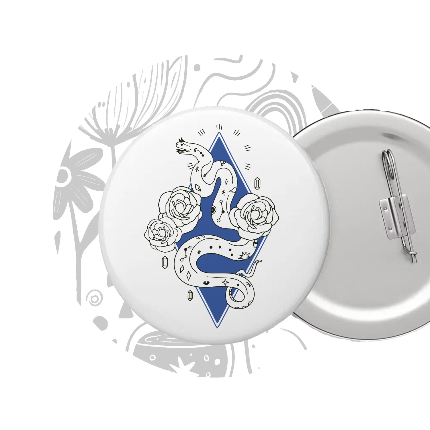 Spilla bianca con al centro disegno nero e blu. Background bianco con un pattern circolare al centro.
