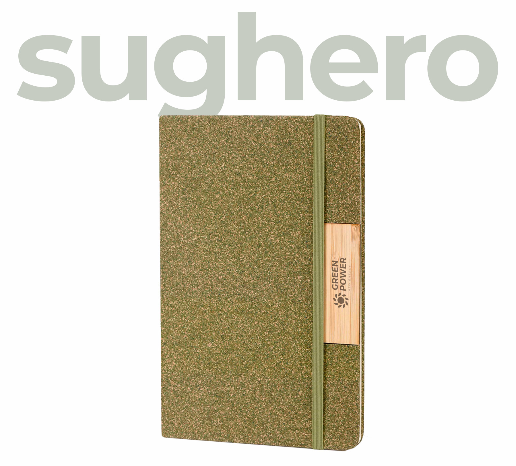 Quaderno in sughero verde, con dettaglio in legno di bamboo personalizzato con logo inciso laser