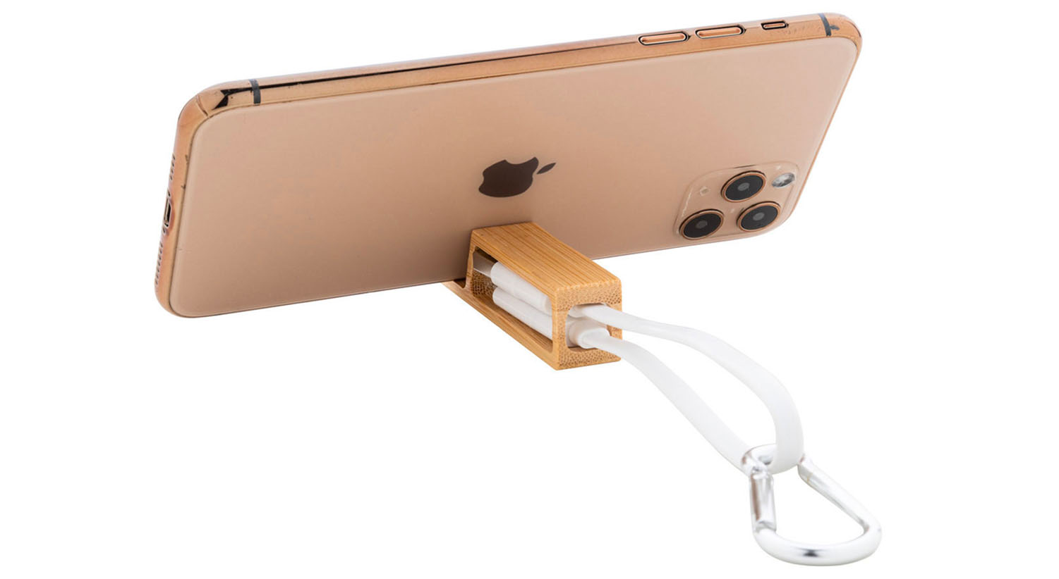 Piccolo supporto in bambù per smartphone dotato di cavo di ricarica e moschettone.