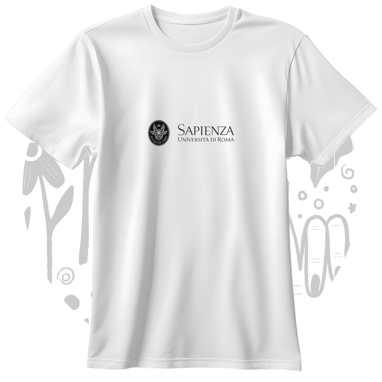 T-shirt bianca personalizzata per una linea di merchandising universitaria.