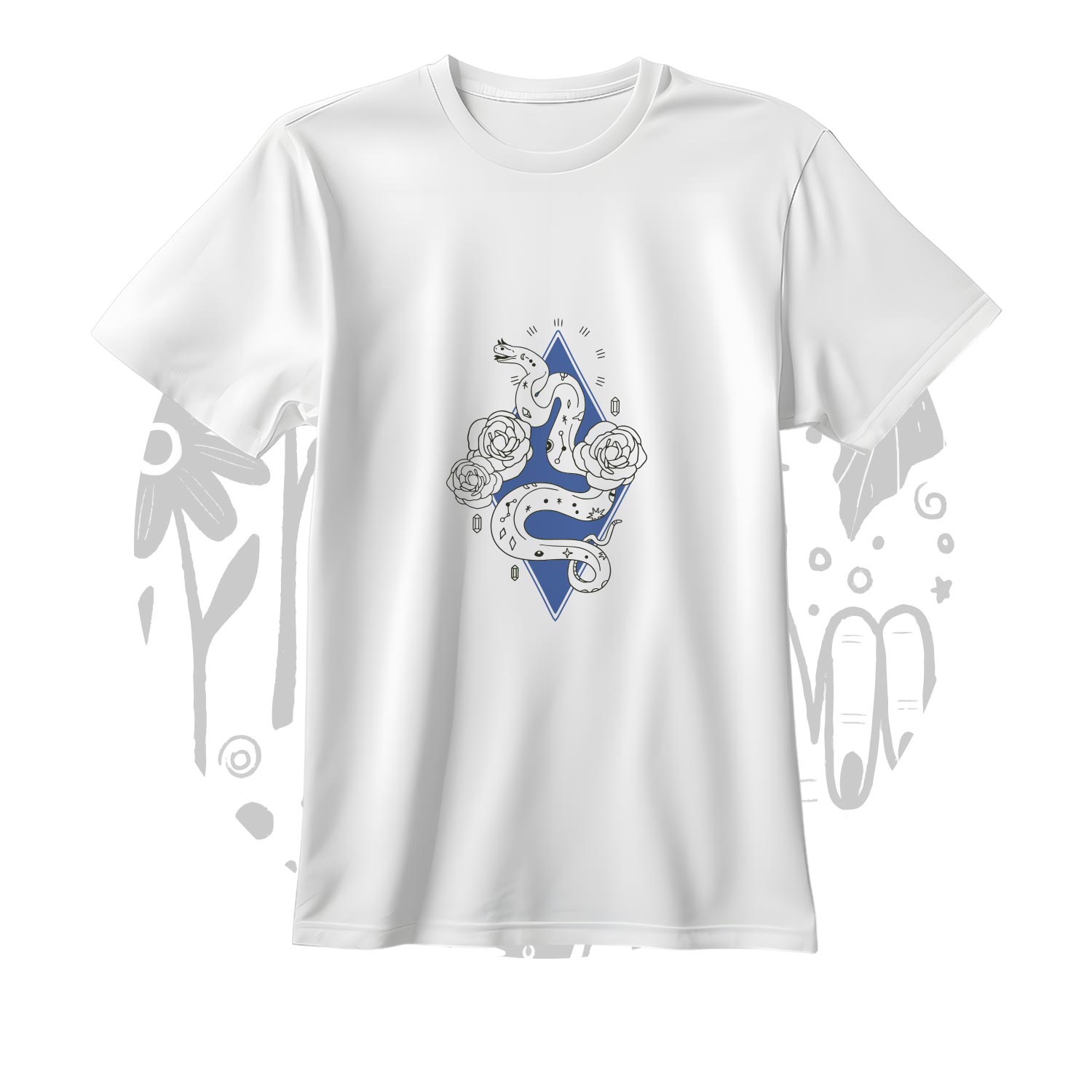 T-shirt bianca con logo grande al centro blu e nero. Background bianco con un pattern circolare al centro.