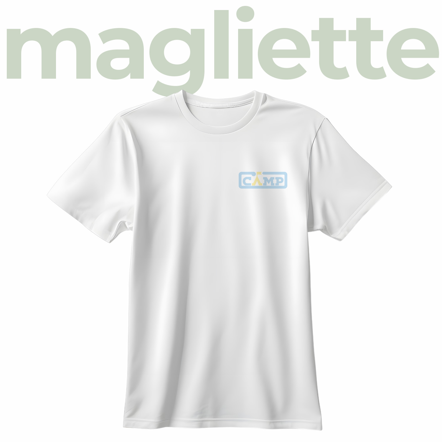 Maglietta bianca con logo colori pastello lato cuore. Background bianco e testo grafico "t-shirt" in verde chiaro