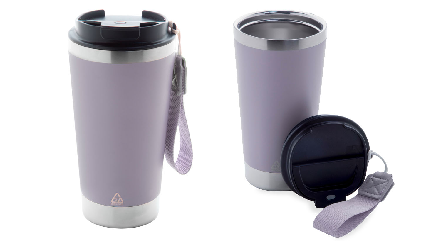 Tazza termica lilla disposta su sfondo bianco, ideale per l'inaugurazione di bar.