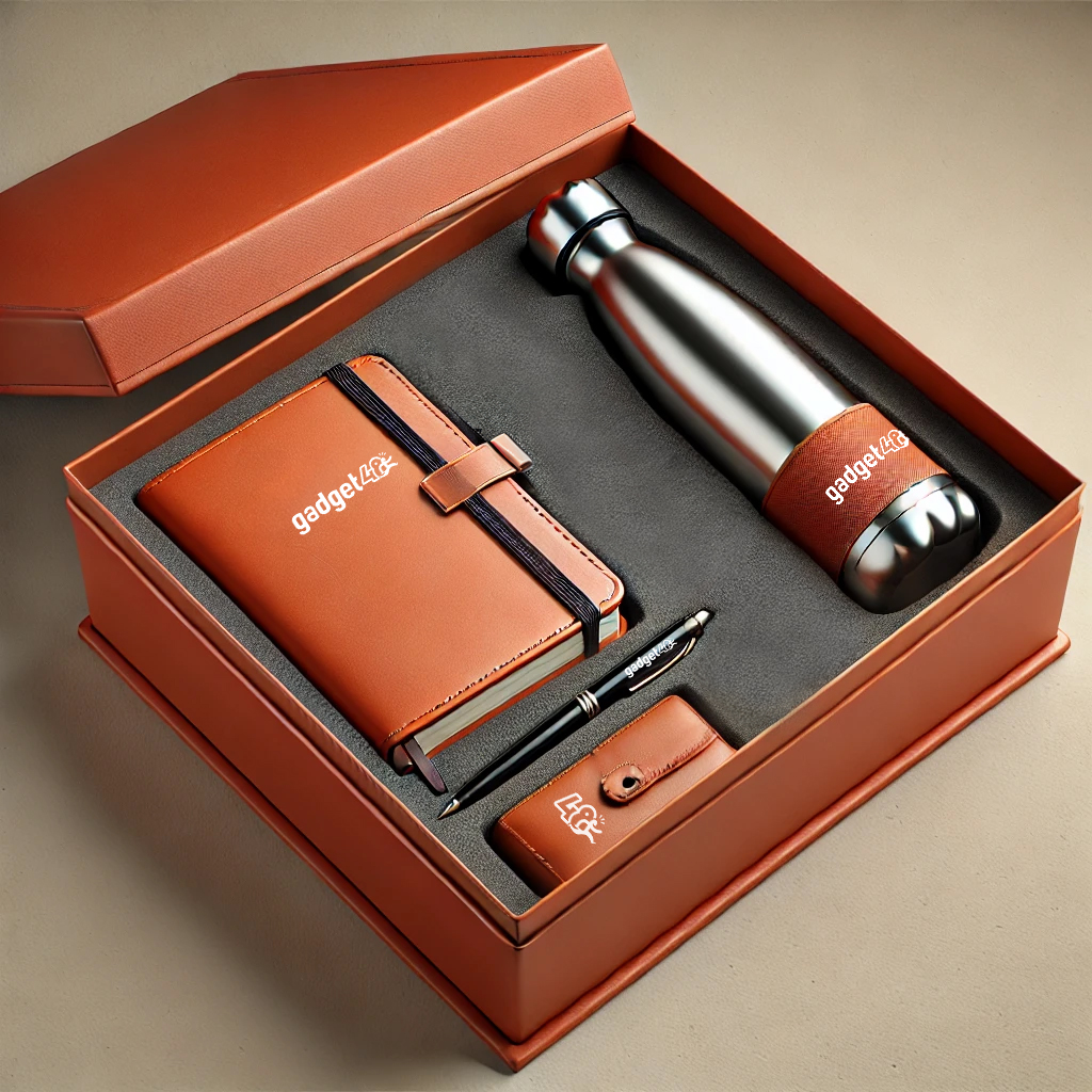 Welcome kit per manager con agenda, penna, porta carte di credito e borraccia in metallo