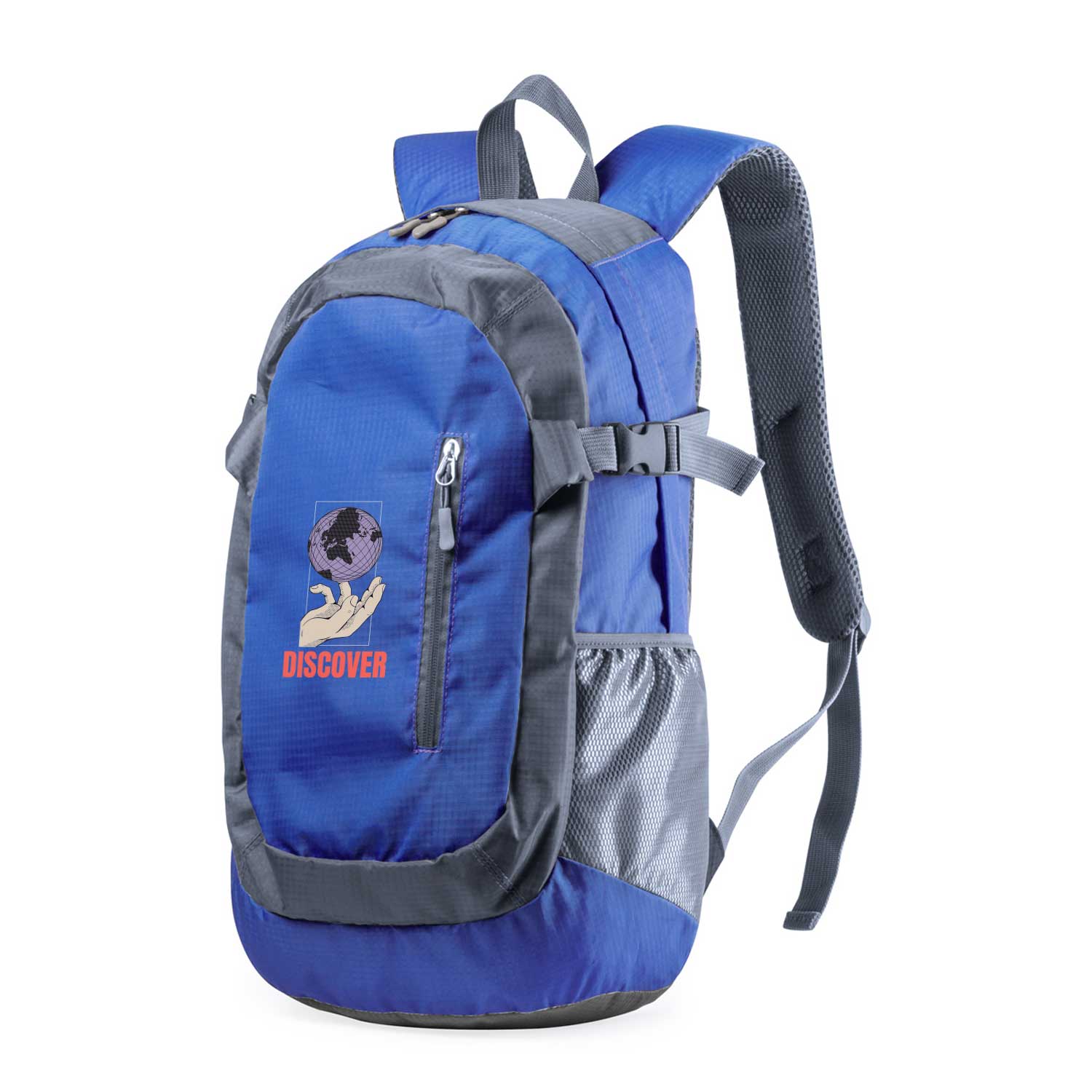Zaino da trekking blu e grigio con logo personalizzato