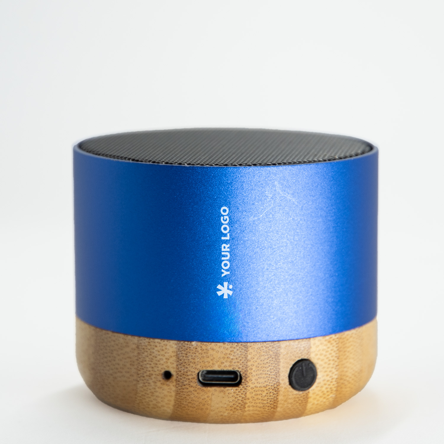 Enceinte Bluetooth bleue personnalisée avec logo, idéale parmi les goodies high-tech
