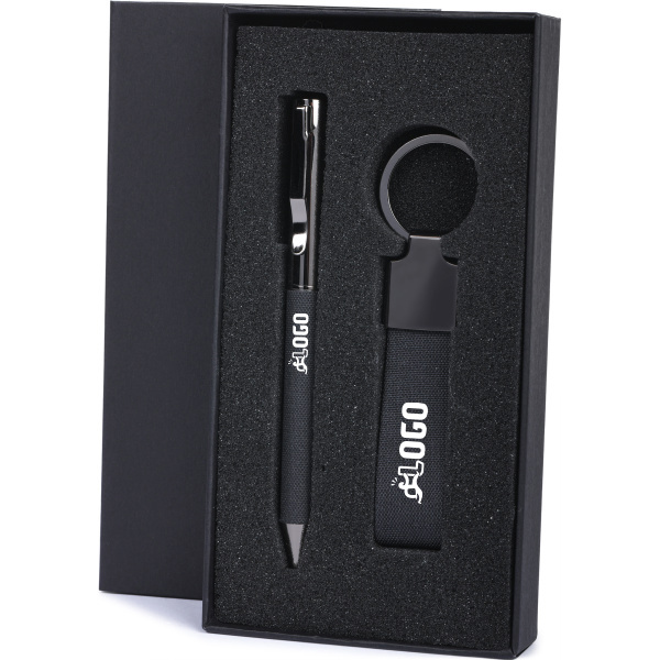 Set stylo et porte-clés en Rpet et métal à personnaliser