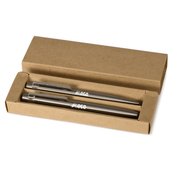 Set de stylos en acier recyclé avec étui en papier