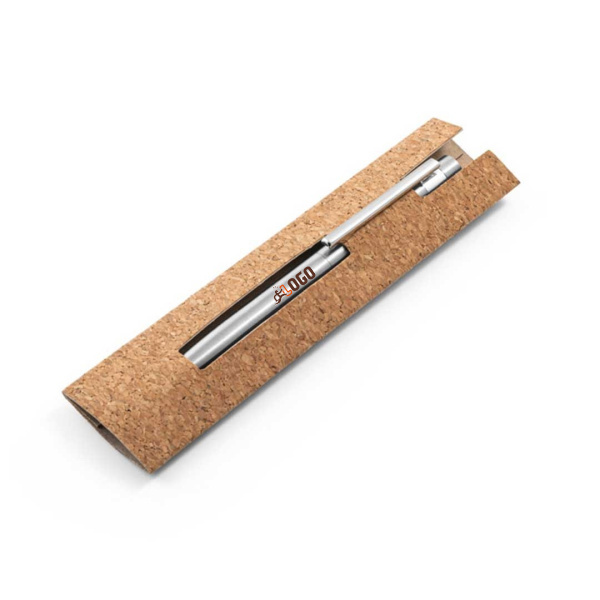 Stylo en acier inoxydable recyclé avec clip et étui en liège