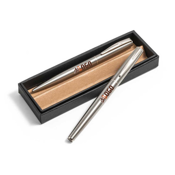 Set de stylos roller et à bille en acier inoxydable recyclé
