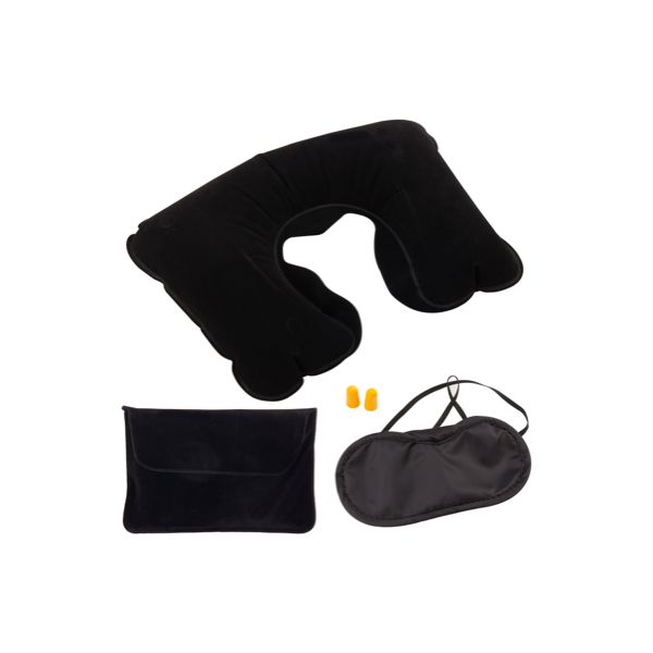 Set da viaggio con cuscino gonfiabile, maschera e tappi