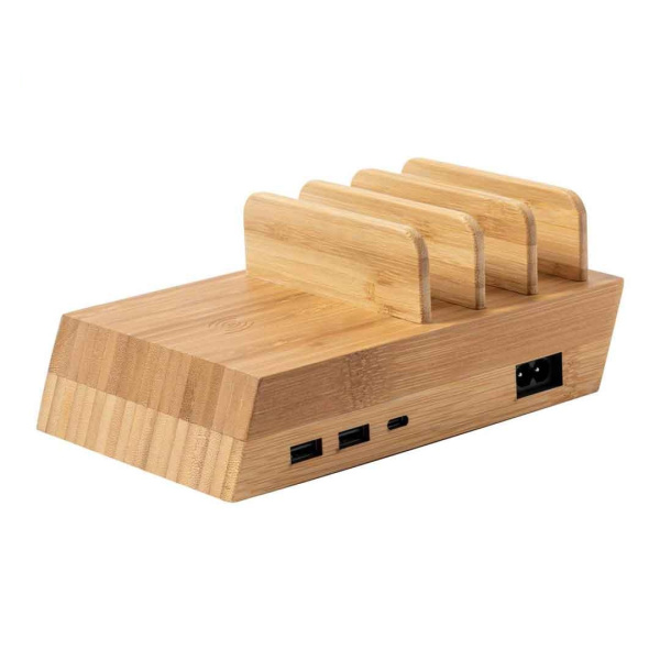 Batterie externe USB en bambou avec chargeur sans fil intégré