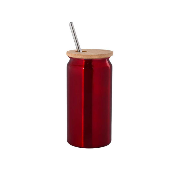 Tasse colorée à graver avec logo, munie d'un couvercle et d'une paille.