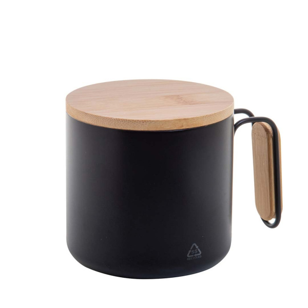 Tasse isotherme en acier recyclé avec anse et couvercle en bambou