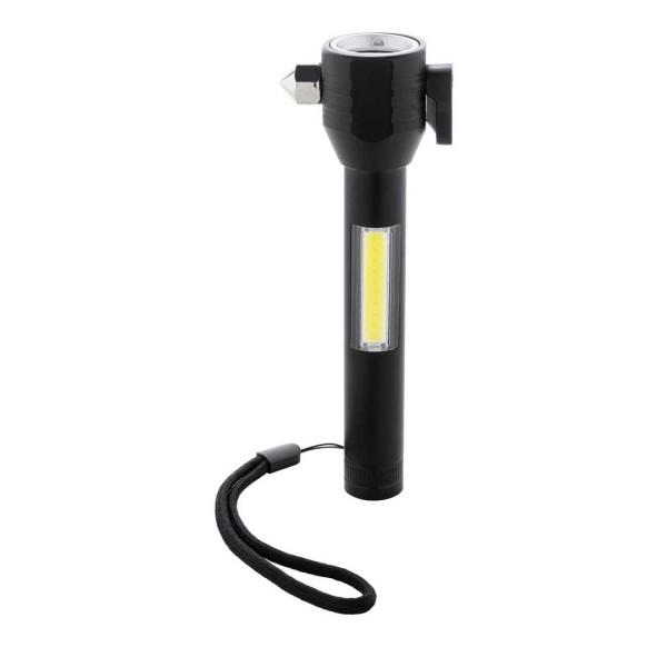 Lampe torche 3-en-1 en aluminium avec marteau d’urgence et coupe-ceinture